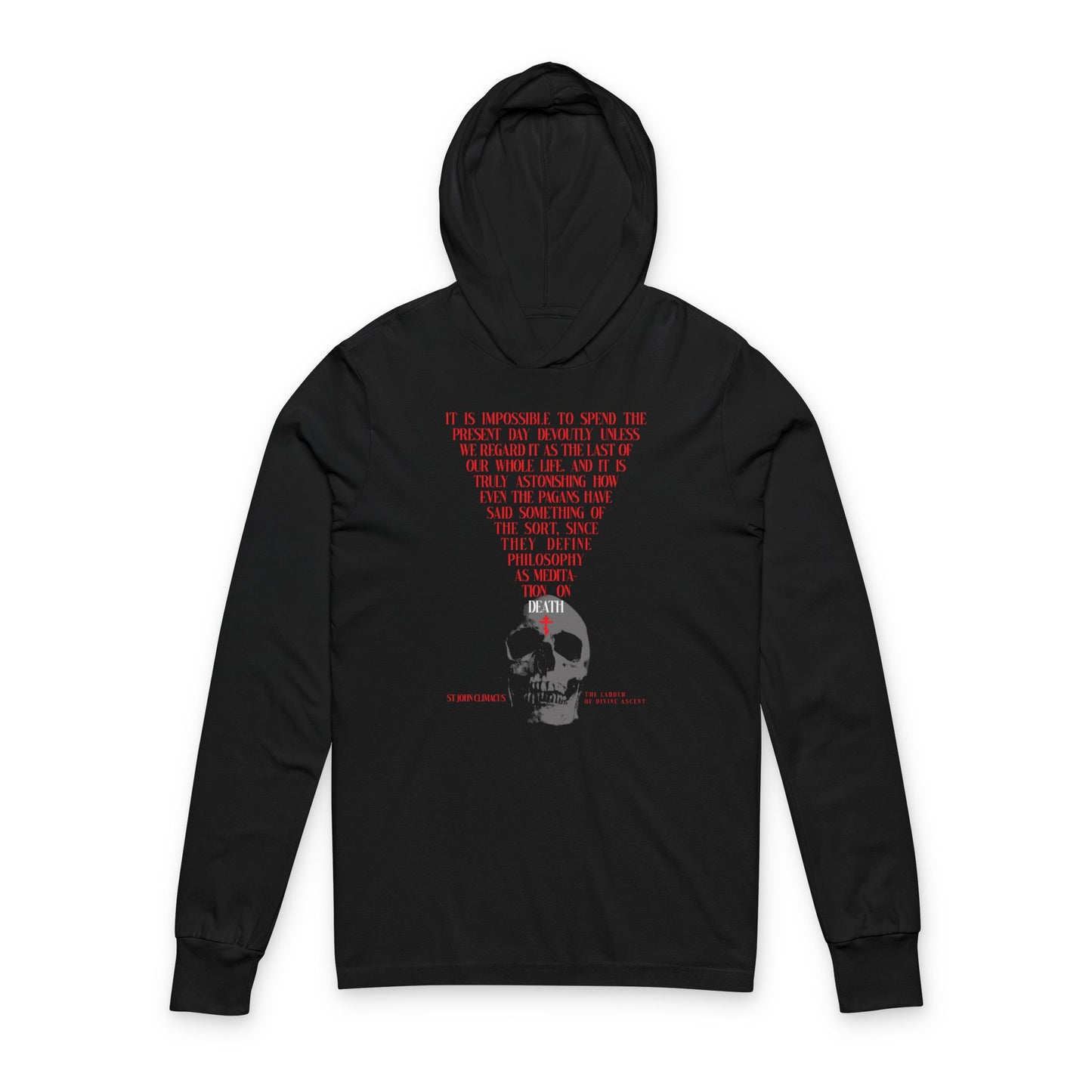 Black hooded cotton shirt featuring a skull with a red Orthodox cross and “Memento Mori” design—The Present Day As the Last Day of Our Life, inspired by St John Climacus.