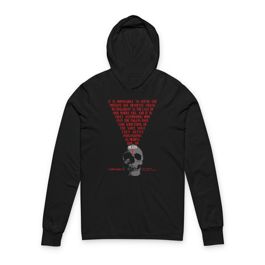 Black hooded cotton shirt featuring a skull with a red Orthodox cross and “Memento Mori” design—The Present Day As the Last Day of Our Life, inspired by St John Climacus.