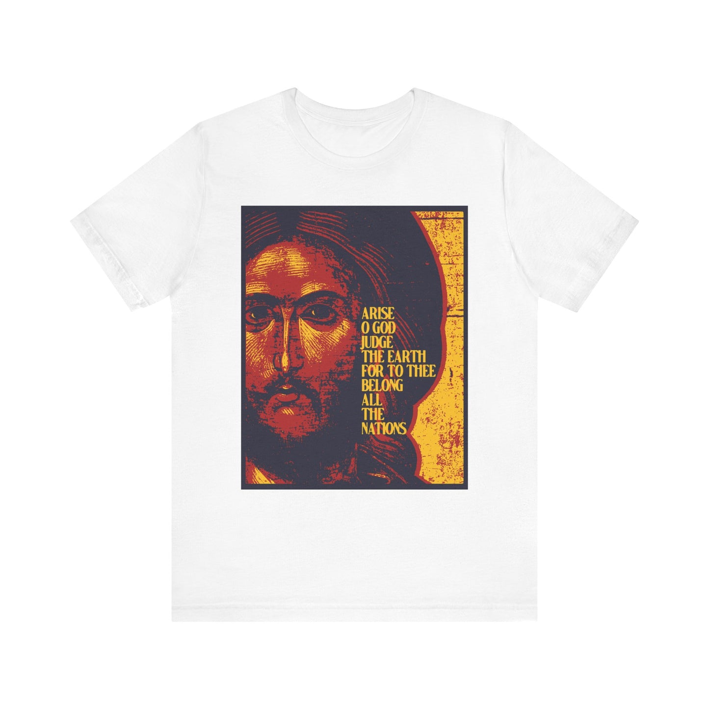 White “Arise, O God, Judge the Earth” t-shirt with a posterized Jesus Christ iconographic design and Psalm 81 reference. Made from lightweight cotton. Orthodox Christian unisex style.