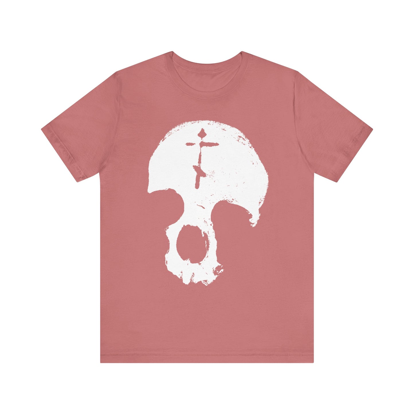 Mauve "Skull With Orthodox Cross" lightweight cotton unisex tee featuring a large white skull graphic intersected by an Orthodox cross, offering a bold reflection on human vanity and mortality inspired by St Ignatius Brianchaninov.