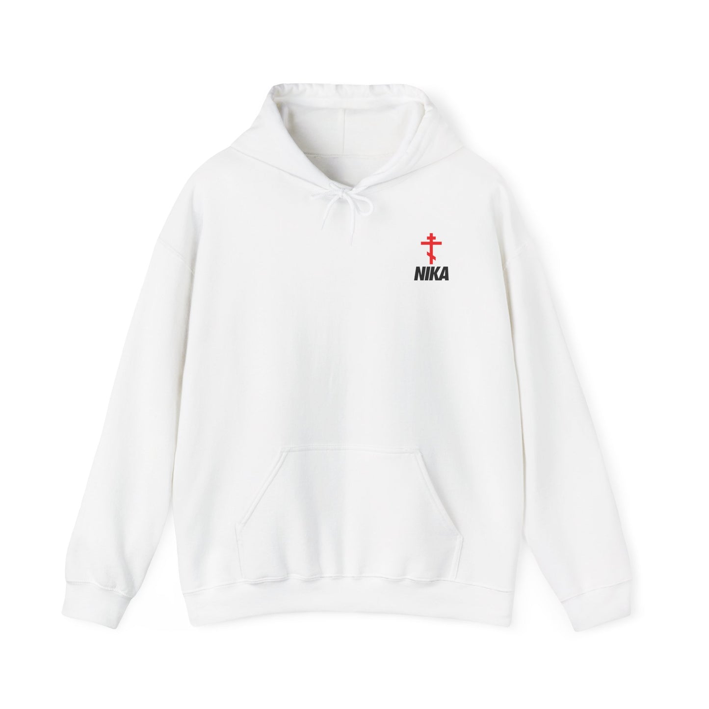 The NIKA Orthodox Cross (Small Design) Hoodie is a white Christian activewear piece with a front pocket, featuring a small red cross and "NIKA" inspired by Orthodox iconography on the left chest.