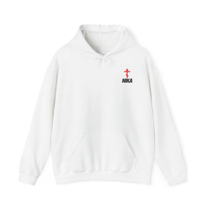 The NIKA Orthodox Cross (Small Design) Hoodie is a white Christian activewear piece with a front pocket, featuring a small red cross and "NIKA" inspired by Orthodox iconography on the left chest.