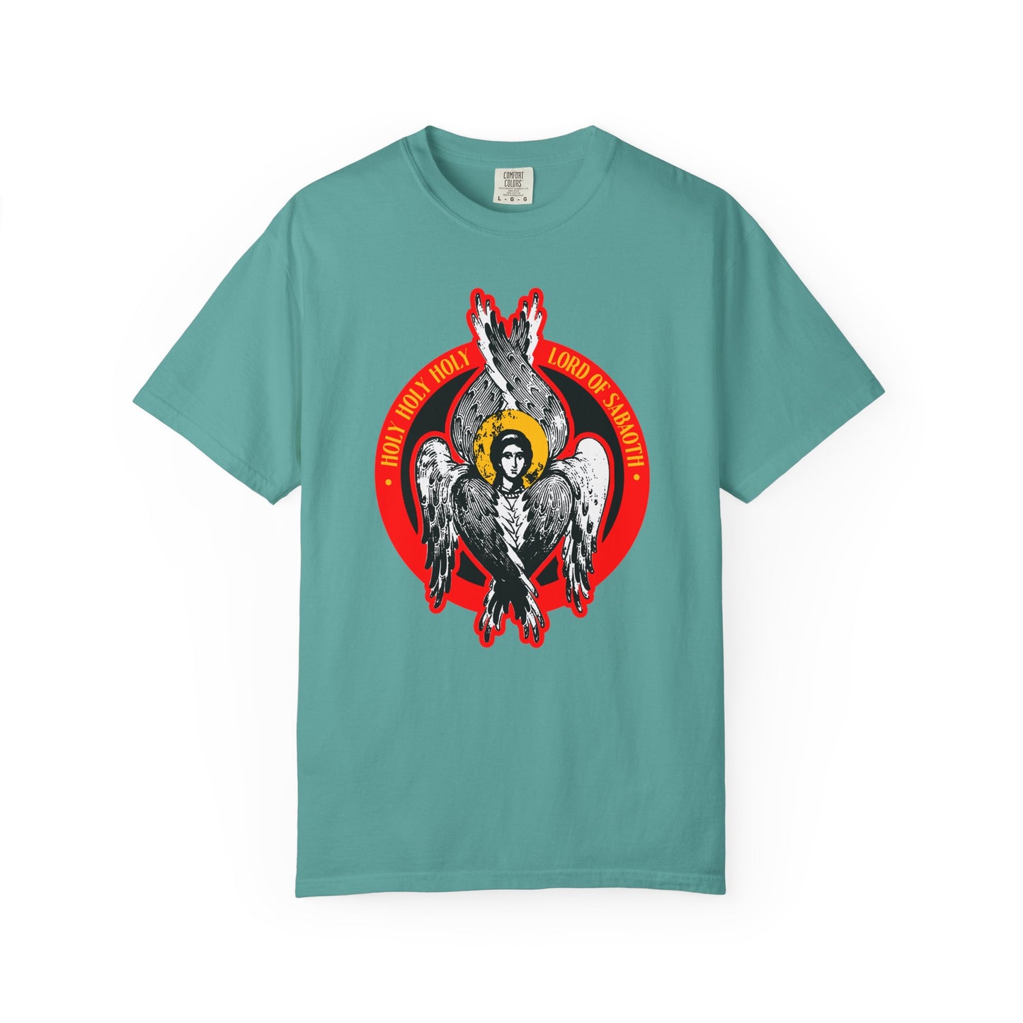 Seafoam heavyweight cotton unisex tee featuring a seraphim angel graphic and red circle, with “Holy Holy Holy Lord of Sabaoth” text inspired by Isaiah 6.