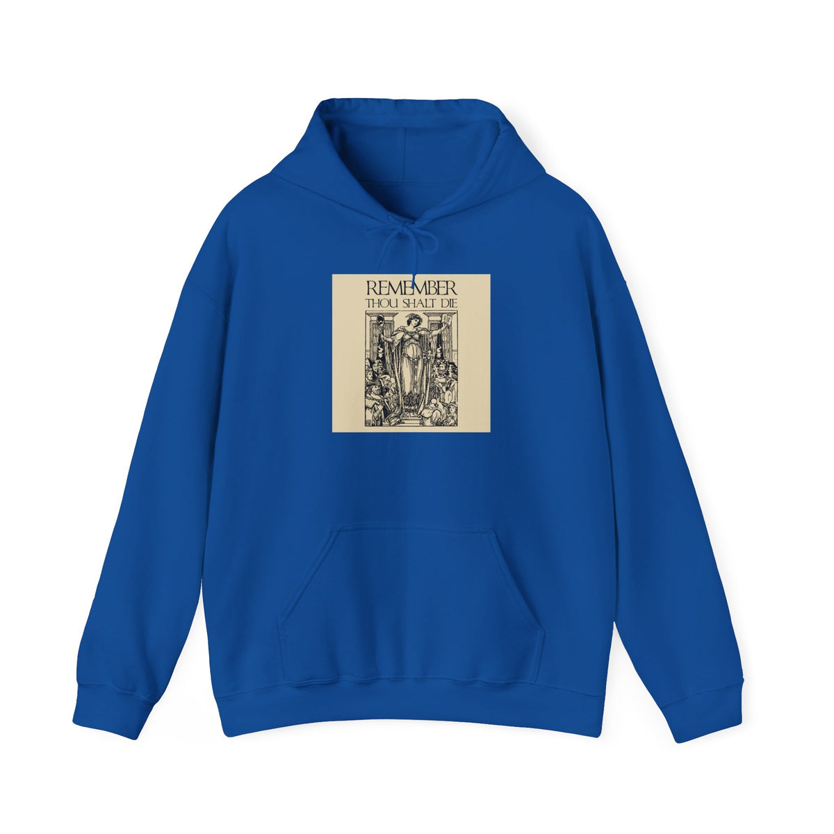 Royal hoodie featuring a classic woodcut illustration and the phrase “Remember You Will Die,” inspired by Orthodox Christian themes and reminiscent of Shakespearean memento mori, in a vintage-style design.