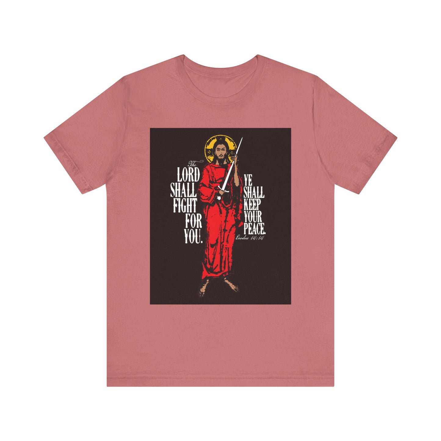 Mauve "The Lord Shall Fight For You" tee featuring Jesus Christ with a sword iconographic design and Exodus 14:14 Bible verse, crafted from lightweight cotton for unisex fit.