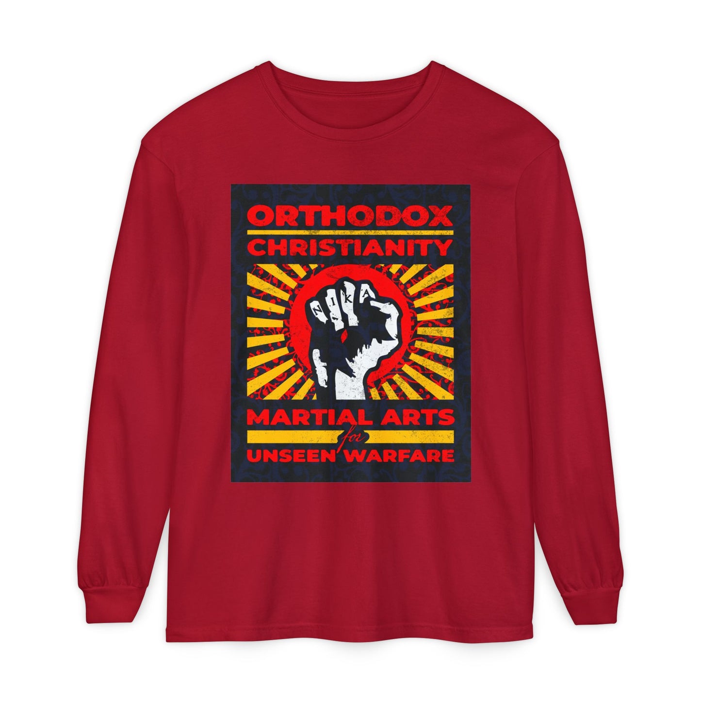 Orthodox Christianity: Martial Arts for Unseen Warfare | NIKA Jesus Fist on Colorful Sunburst Design | Orthodox Christian Long Sleeve Shirt