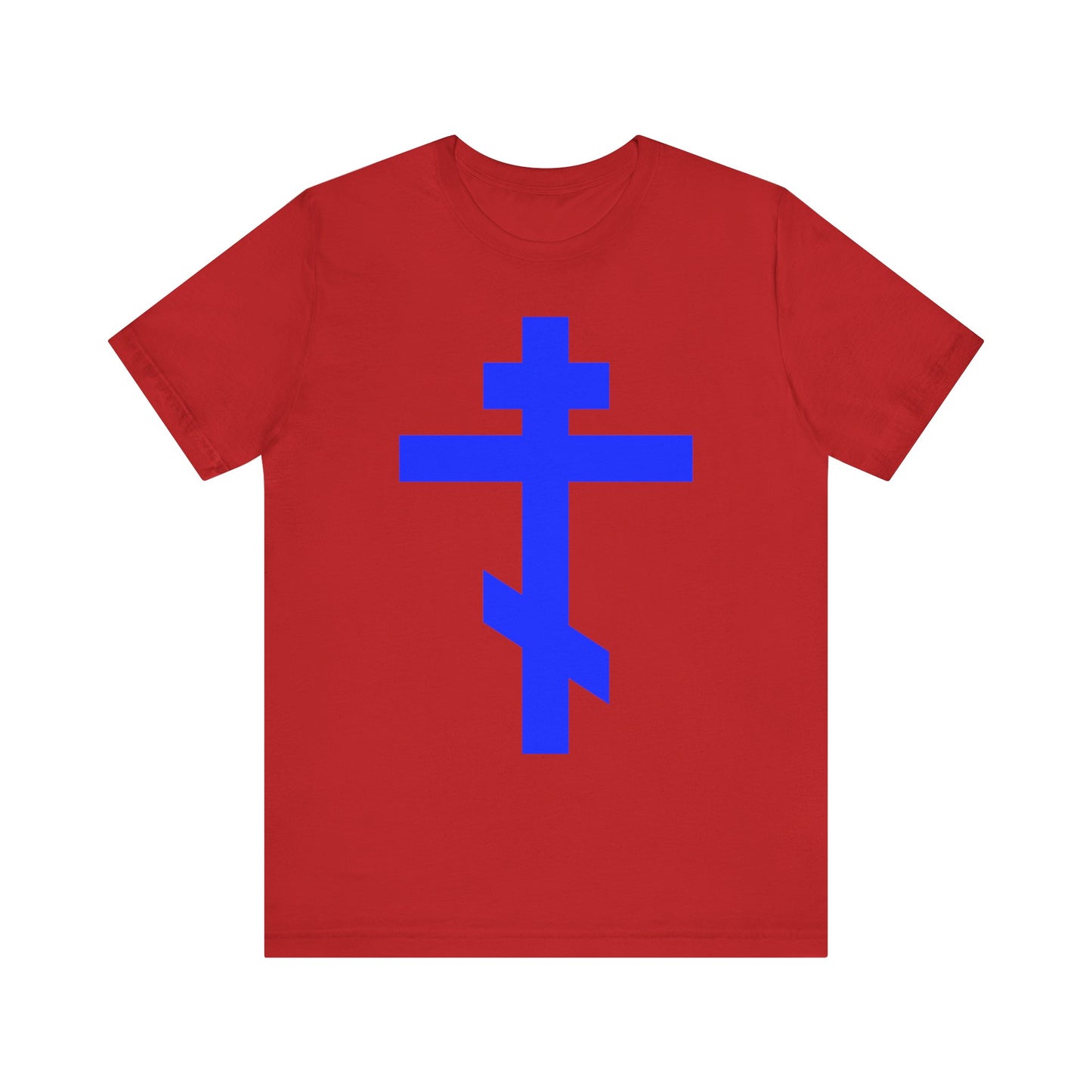Red lightweight cotton unisex tee featuring a large royal blue Orthodox Tribar Cross on the front, bearing the message “Preserve Thy People By Thy Cross, O Lord | Christ is King.”.