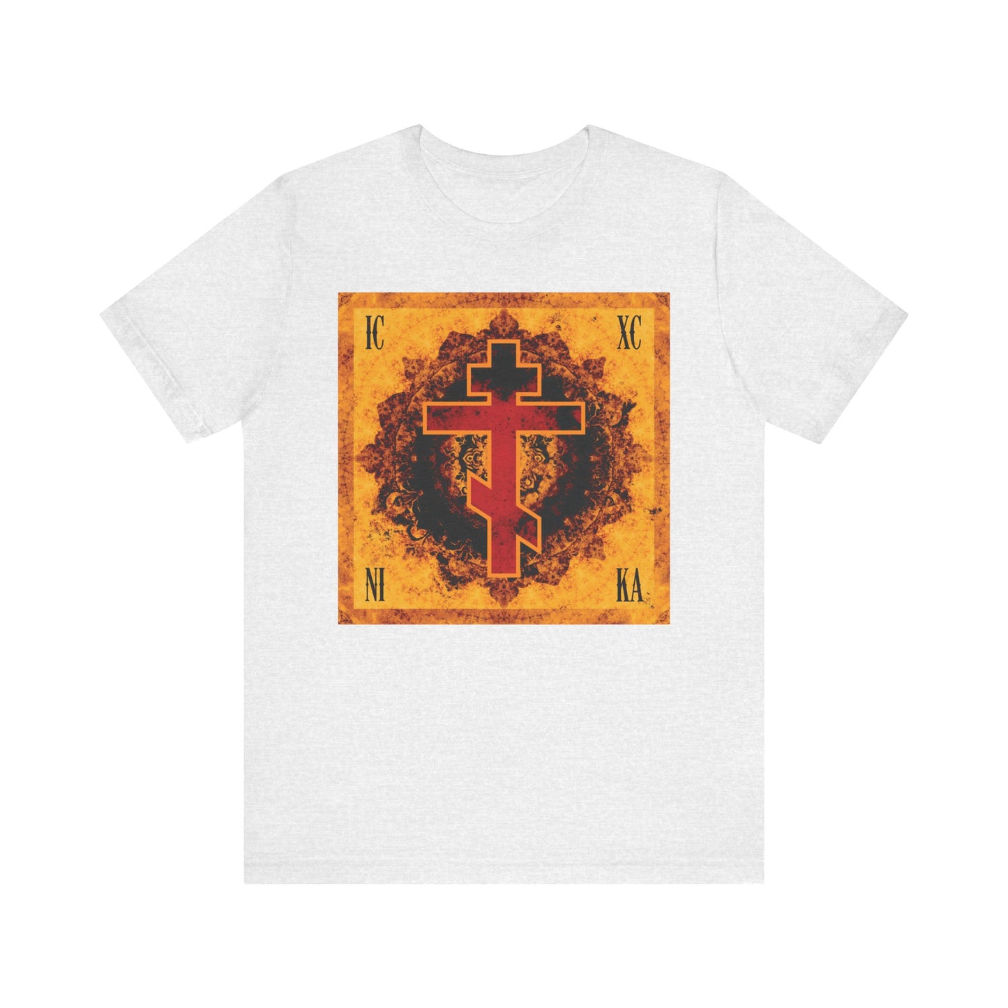 Ash t-shirt featuring a red ornate Orthodox cross design on a bright orange square background, inspired by the Elevation of the Precious Cross, with ICXC NIKA letters in the corners.