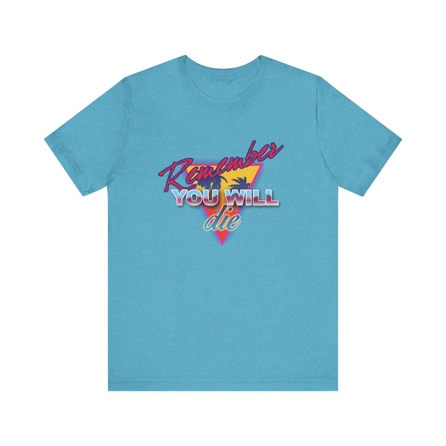Heather Aqua lightweight unisex t-shirt featuring 80s retro synthwave palm tree and triangle design with "Remember You Will Die"—a nostalgic Orthodox Christian memento mori inspired by St. John Climacus’s Ladder of Divine Ascent.