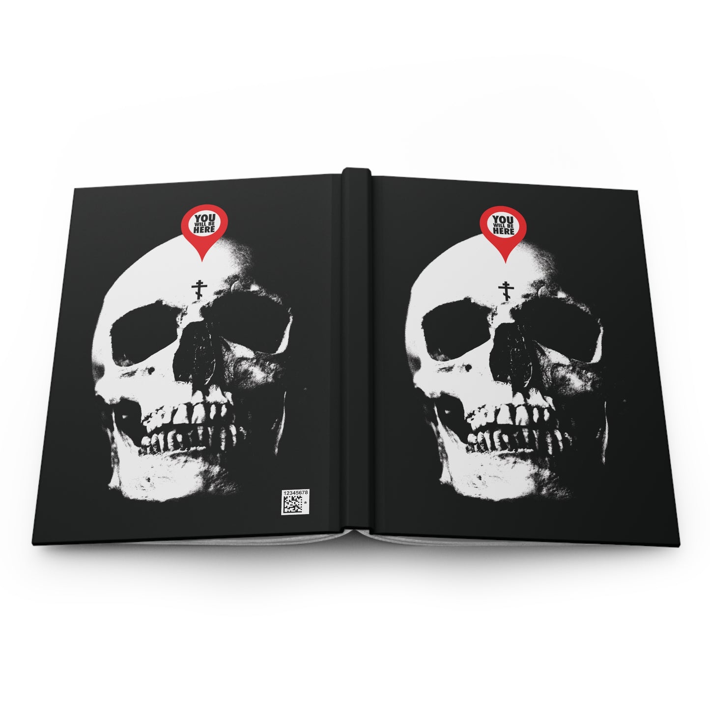 The "You Will Be Here Maps Marker on Skull Design" Orthodox Blank Journal features skulls with markers above their foreheads, inscribed with Memento Mori reminders: "What You Are I Once Was" and "Remember You Will Die.
