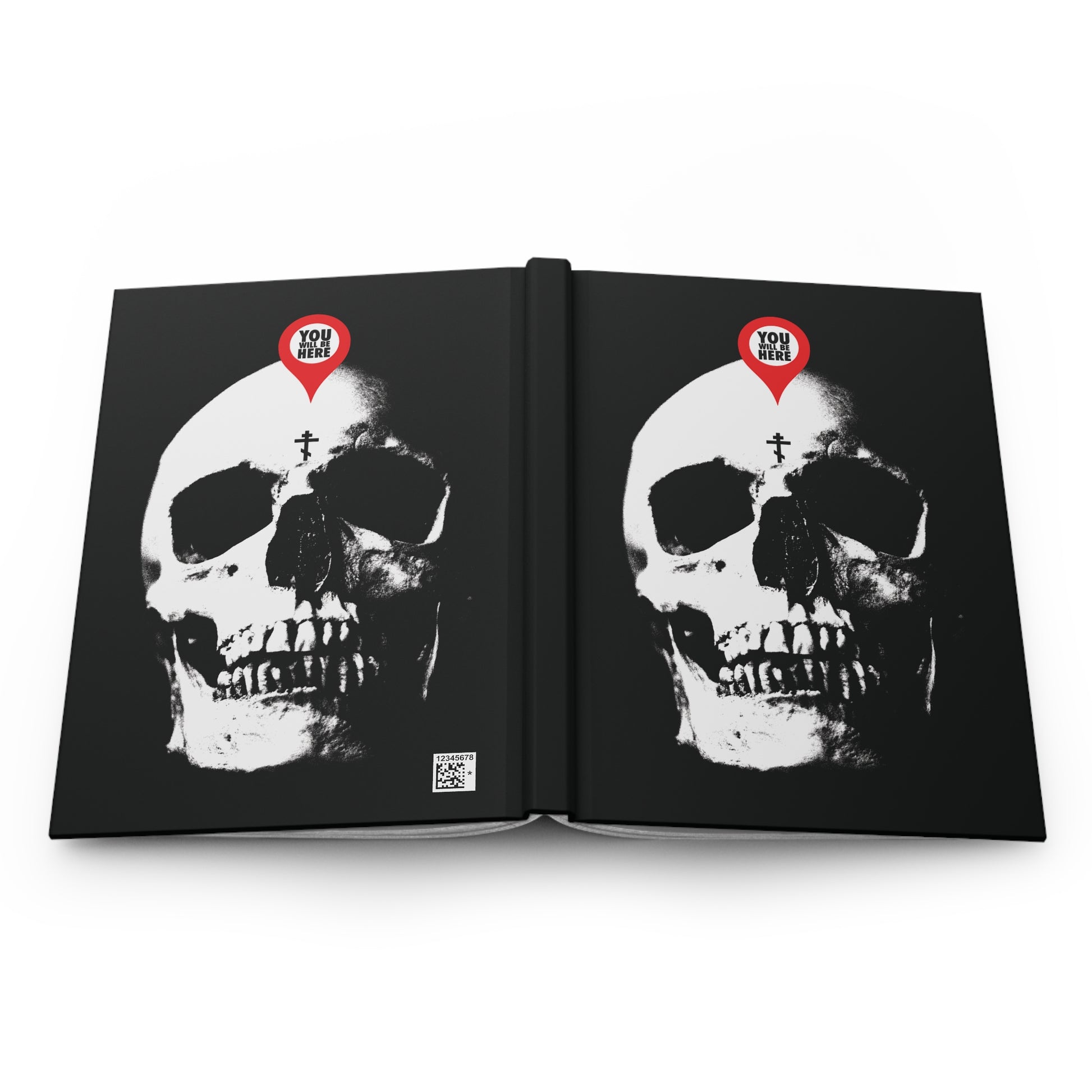 The "You Will Be Here Maps Marker on Skull Design" Orthodox Blank Journal features skulls with markers above their foreheads, inscribed with Memento Mori reminders: "What You Are I Once Was" and "Remember You Will Die.