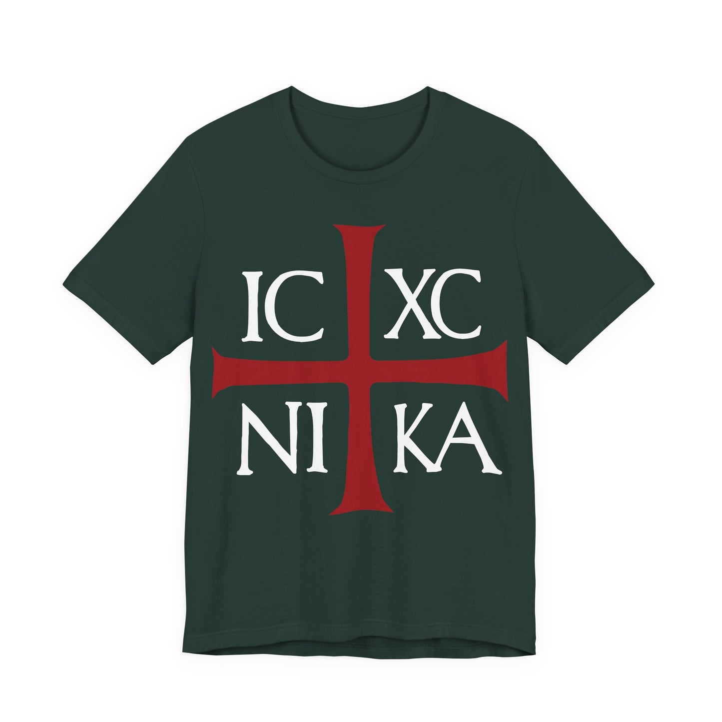 Forest-colored Orthodox Christian cotton t-shirt featuring a bold red cross and the ICXC NIKA Christogram in white, symbolizing "Jesus Christ Conquers" in ancient Byzantine tradition.