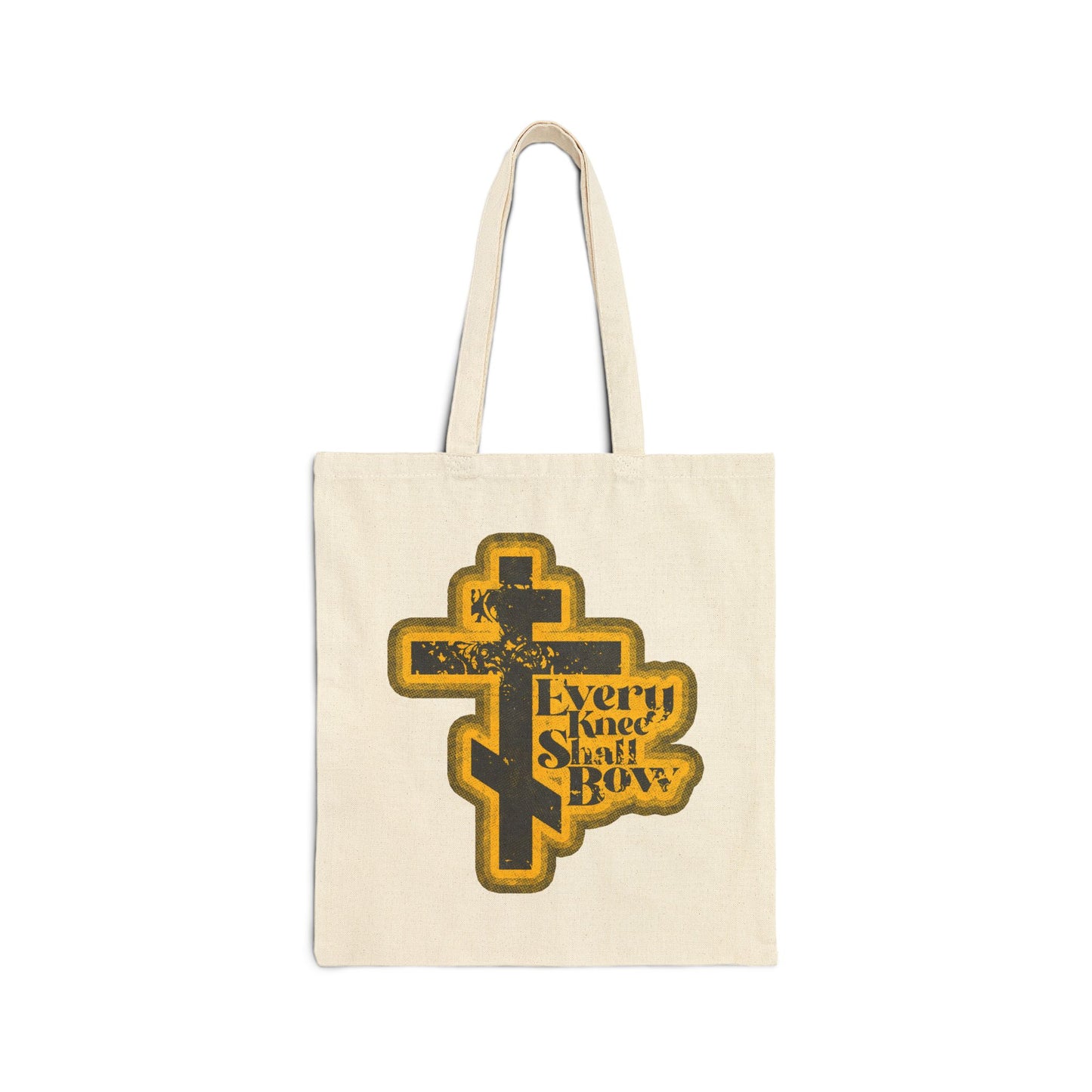 Natural tote bag featuring a 70s distressed halftone comic book design with “Every Knee Shall Bow,” inspired by Philippians 2:10-11 and Isaiah 45:23, boldly expressing Orthodox Christian faith.