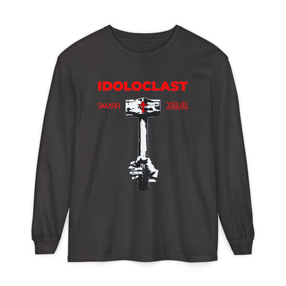 Graphite long-sleeve shirt featuring "IDOLOCLAST," Jesus’ fist with a sledgehammer, and the text "SMASH YOUR PASSIONS"—inspired by Christian asceticism and Orthodox tradition. ICXC NIKA.