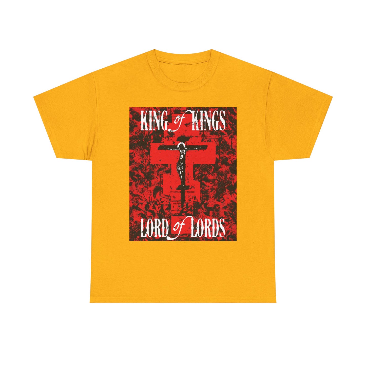 King of Kings, Lord of Lords | Christ Crucified Icono-Graphic | Red Cross Nature Texture w/ White Text | Midweight Cotton Unisex Tee