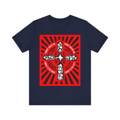 Red ICXC NIKA Enniskillen Celtic Cross | Lorica of St. Patrick | Shield Prayer | Orthodox Christian Cotton T-Shirt