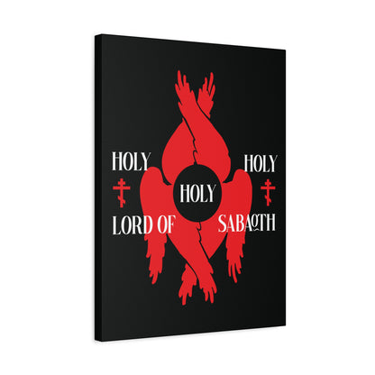 A red seraphim with six wings and "Holy Holy Holy Lord of Sabaoth" from Isaiah 6:3, inspired by the Divine Council, with Orthodox crosses on a black background—Christian canvas art.