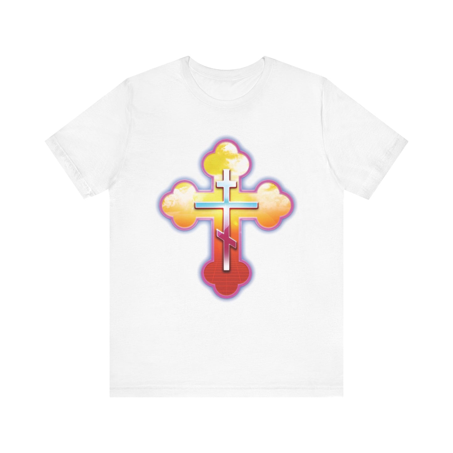 80s Synthwave Retrowave Outrun Aesthetic | Glowing & Reflective Gold & Red Three-Bar Cross | Lightweight Cotton Unisex Tee