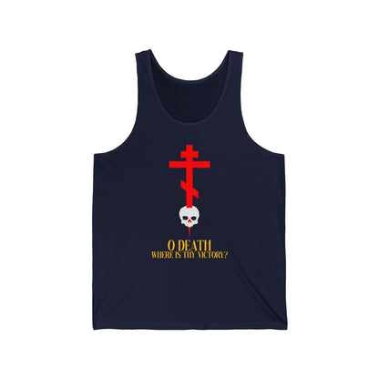 Navy Orthodox Christian tank top featuring a red cross stabbing a white skull and yellow "O Death Where is Thy Victory?" text (1 Corinthians 15:55). Jersey sleeveless design inspired by Resurrection hymns.