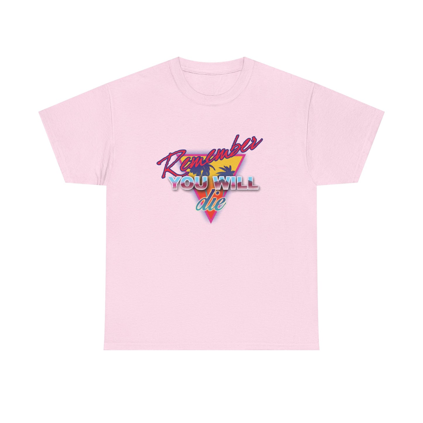 Light pink unisex tee featuring "Remember You Will Die" in an 80s retro synthwave style with a palm tree, inspired by memento mori and The Ladder of Divine Ascent. Nostalgic Orthodox Christian midweight cotton shirt.