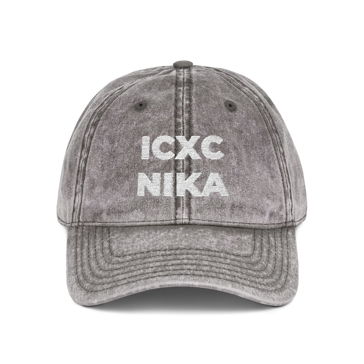 White ICXC NIKA Text Christogram | Orthodox Christian Symbol Meaning "Jesus Christ Conquers" | Christ is King | Denim Embroidered Cap