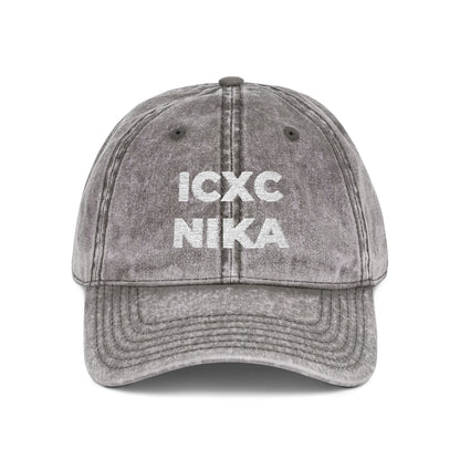 White ICXC NIKA Text Christogram | Orthodox Christian Symbol Meaning "Jesus Christ Conquers" | Christ is King | Denim Embroidered Cap