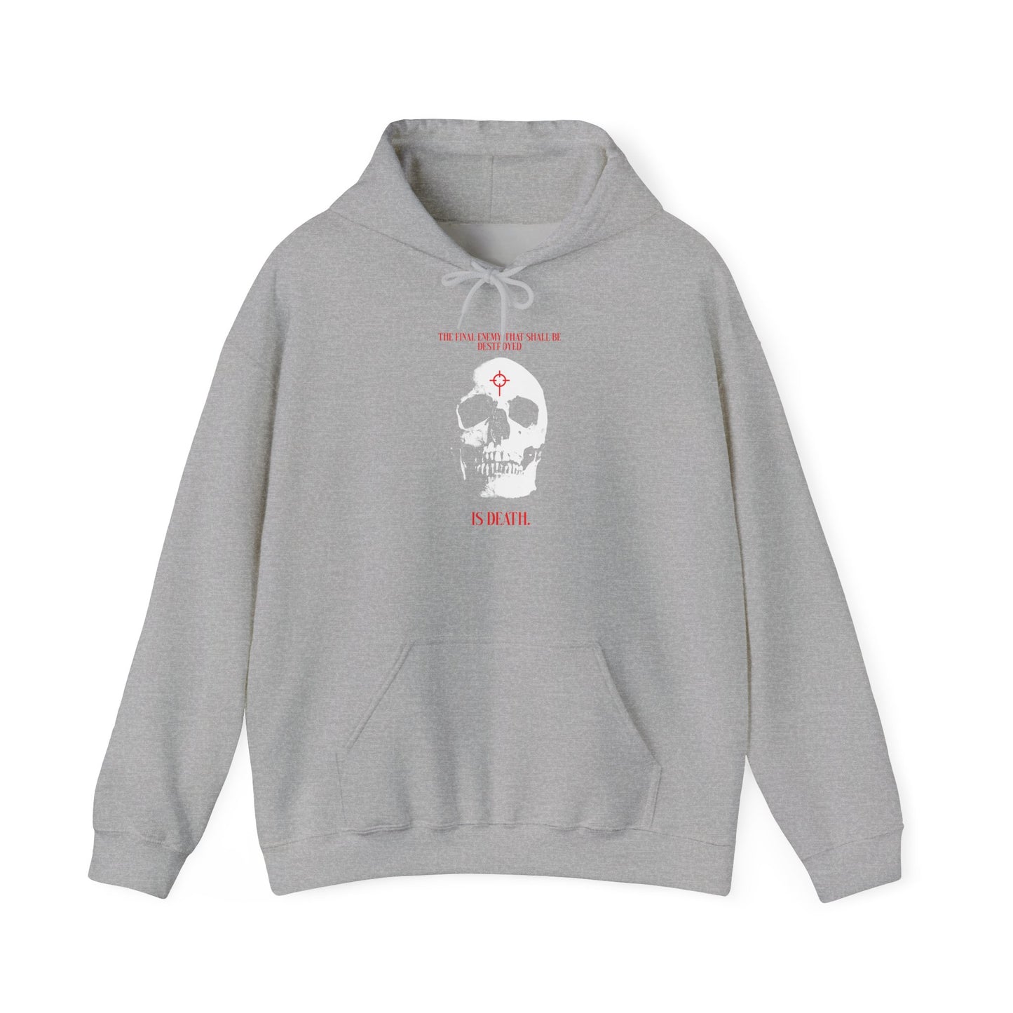 Sport Grey “The Final Enemy That Shall Be Destroyed (1 Cor 15:26)” hoodie featuring a gothic-style skull in cross crosshairs and bold red text, symbolizing resurrection and embodying Orthodox Christian faith, displayed on a plain white background.