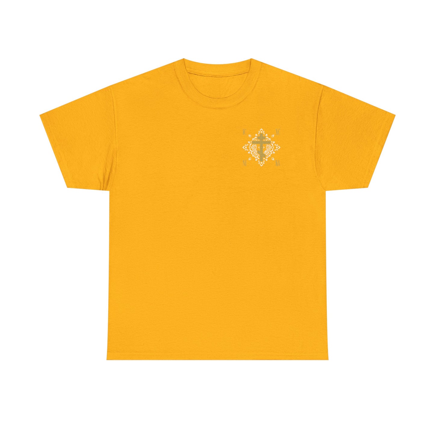 Gold unisex tee with a small white medieval ICXC NIKA Orthodox Cross and ornate floral design on the upper left chest, inspired by Jesus Christ’s victory and promise of eternal life. Midweight cotton, comfortable fit.