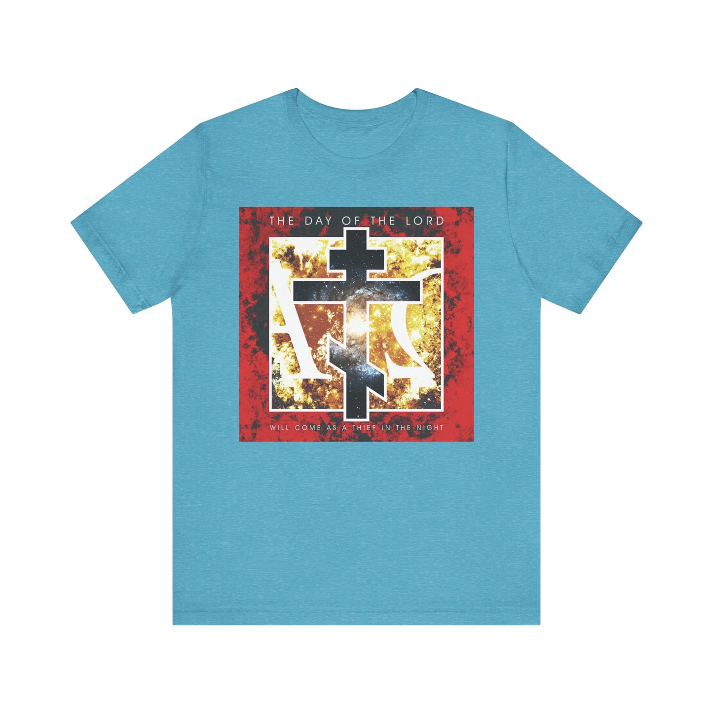 Heather aqua unisex tee featuring a cosmic Alpha & Omega cross design and the phrase "The Day of the Lord Will Come as Thief in the Night" from 1 Thessalonians, inspired by the children of light and the hope of salvation.