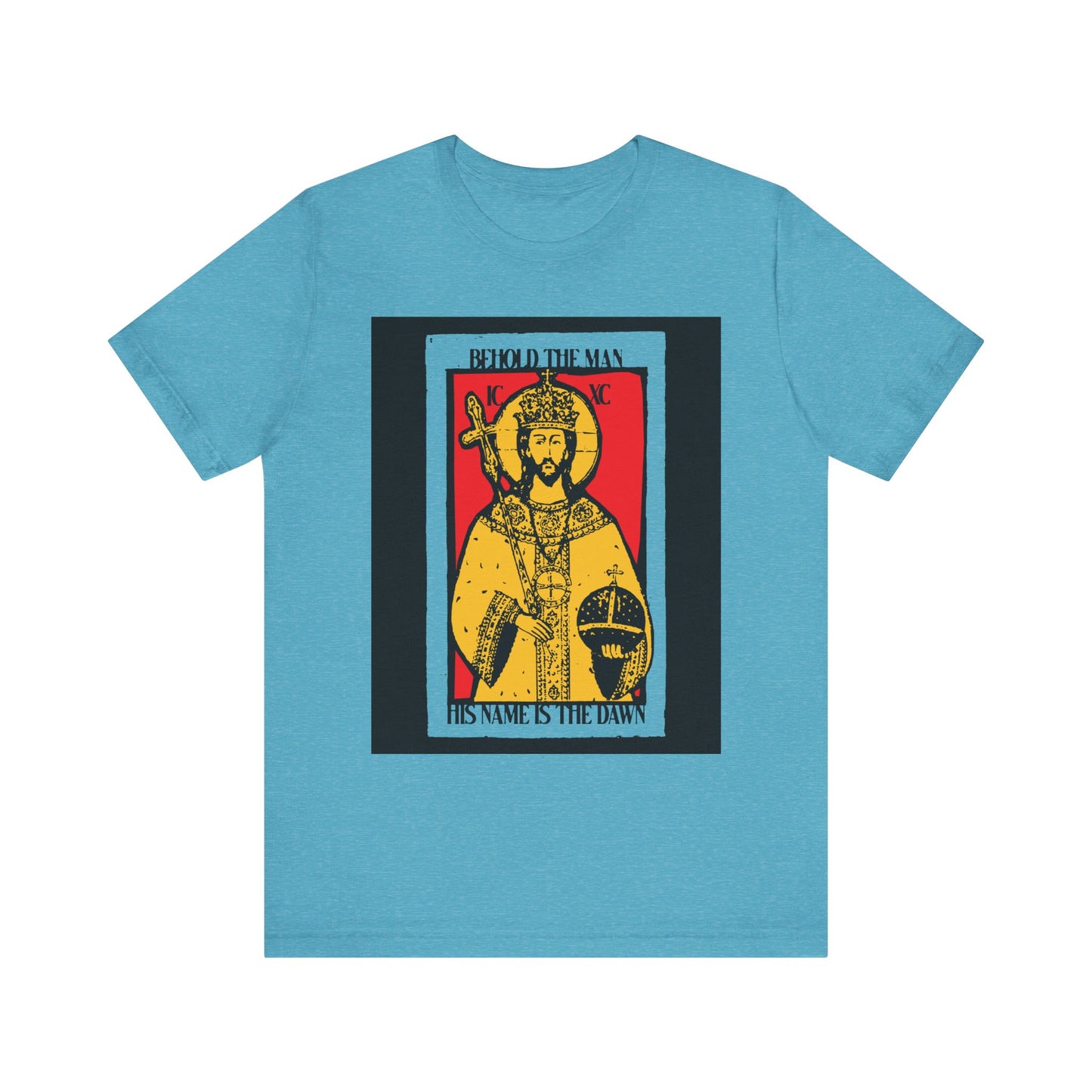 Heather Aqua lightweight unisex tee featuring a red & yellow Christ icon-graphic and the text “Behold the Man, His Name is the Dawn” (Zechariah 6:12 LXX). Messianic design on soft cotton.