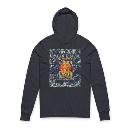 Trampling Down Death By Death | Paschal Floral Design with Gothic Script and Three-Bar Cross | Orthodox Long Sleeve Hooded Shirt