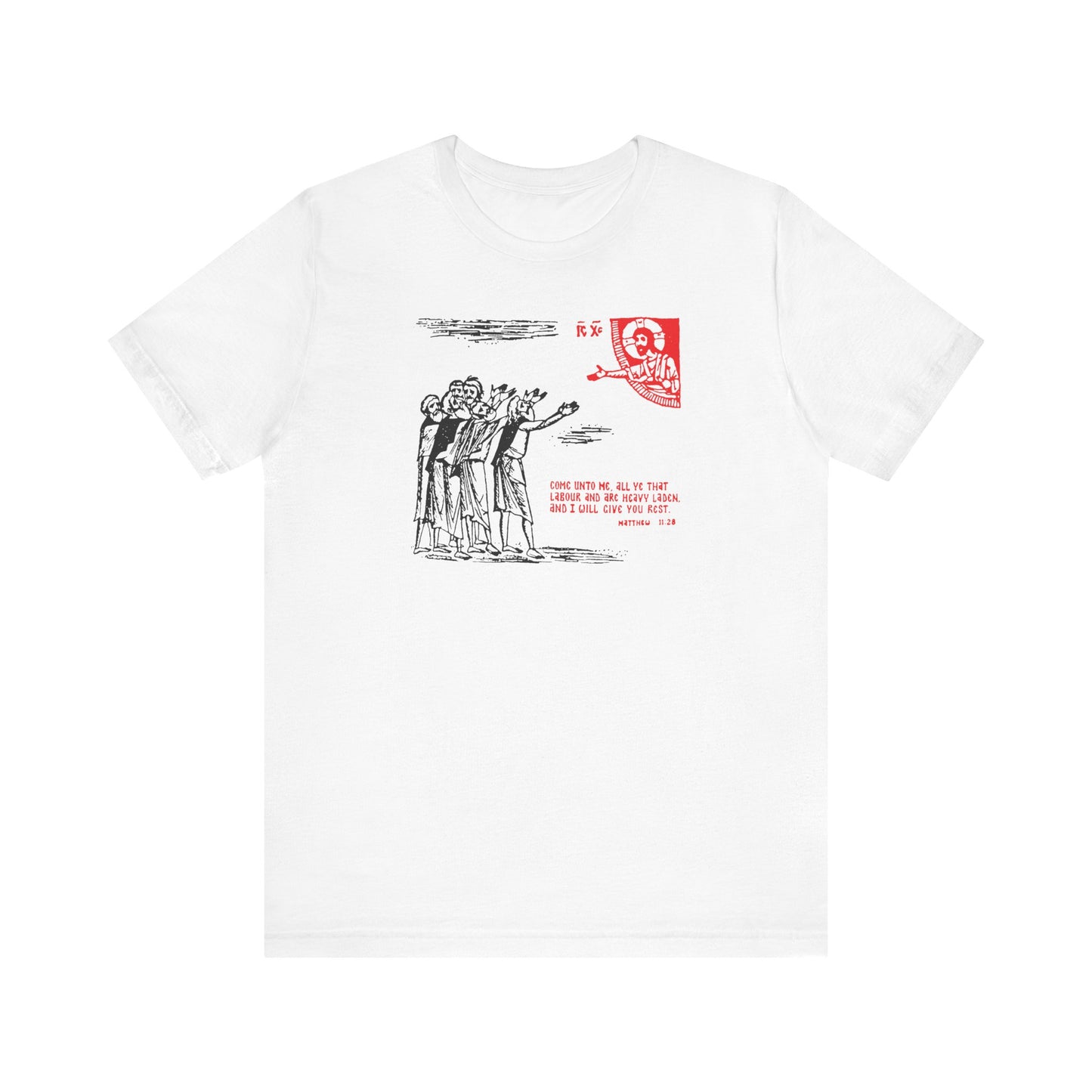 White cotton T-shirt featuring a red icono-graphic design inspired by Matt. 11:28’s "Come Unto Me All Ye That Labour & Are Heavy Laden," with Orthodox Christian elements and subtle Chinese text, on a white background.