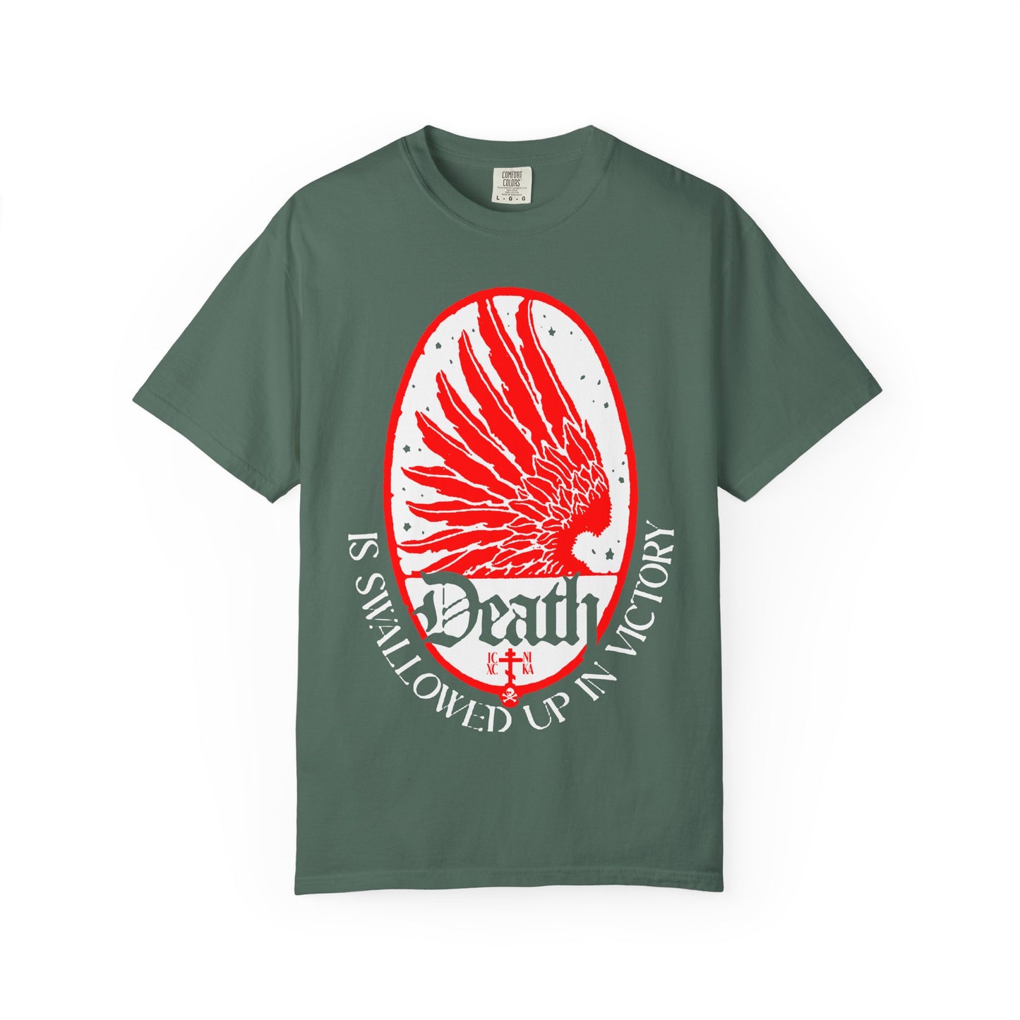Blue Spruce heavyweight cotton unisex tee featuring an Art Nouveau eagle wing and stars design with the text: “Death is swallowed up in victory (1 Cor 15:54),” celebrating Christ’s triumph over death and the promise of immortality in Orthodox Christian faith.