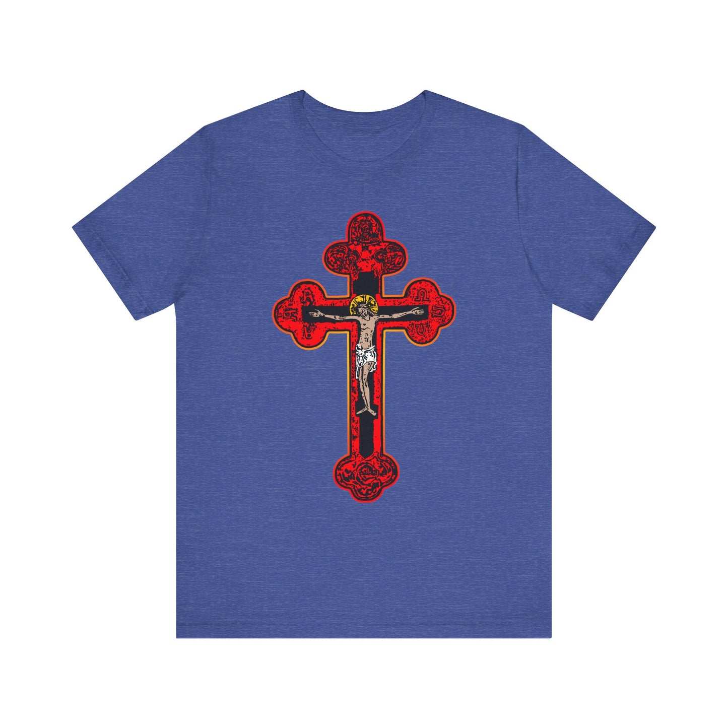 Heather True Royal unisex tee featuring a large ornate red and black Byzantine Golgotha Cross with a central Orthodox Christian crucifix, adorned with Alpha & Omega details and inspired by Isaiah 53:3–5—a powerful statement of being crucified with Christ and expressing deep faith in the Son of God.