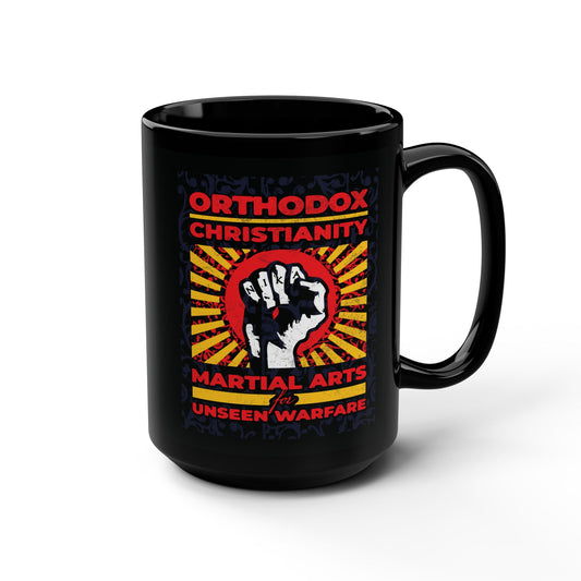 Orthodox Christianity: Martial Arts for Unseen Warfare | NIKA Jesus Fist on Colorful Sunburst Design | Orthodox Christian Black Mug