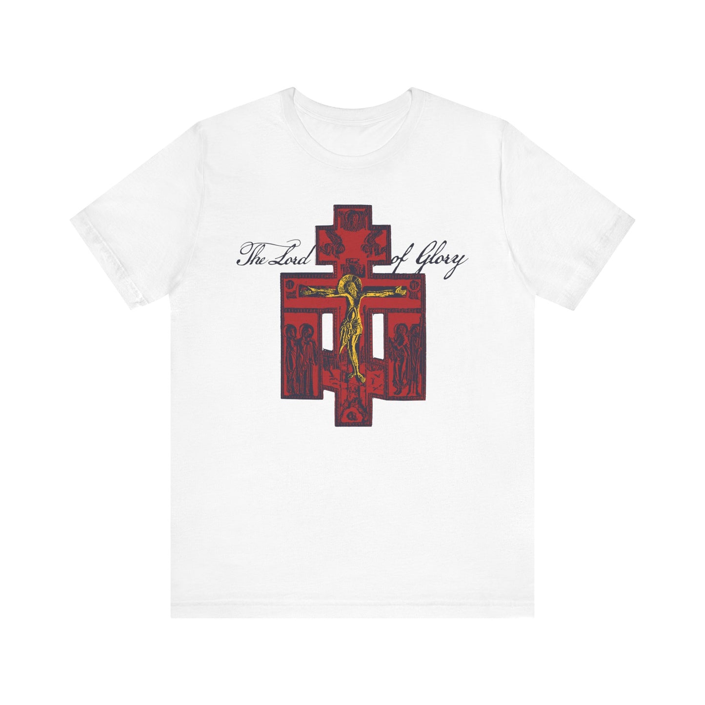 White unisex cotton tee featuring the “The Lord of Glory” design—a Russian Golgotha Crucifix iconographic image of Jesus and a red ornate cross, accompanied by script text inspired by 1 Corinthians 2:8 and Orthodox Christian tradition.