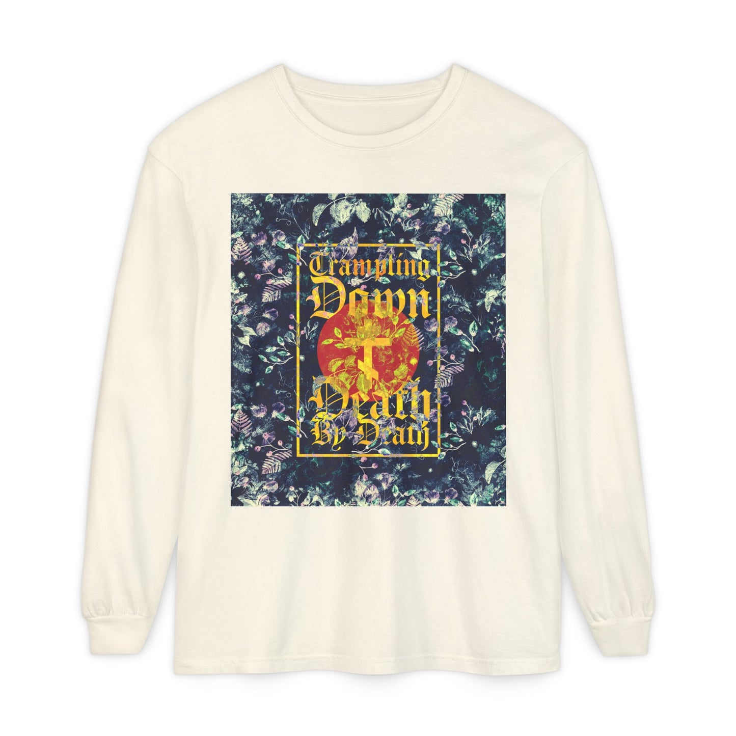 Trampling Down Death By Death | Paschal Floral Design with Gothic Script and Three-Bar Cross | Orthodox Christian Long Sleeve Shirt