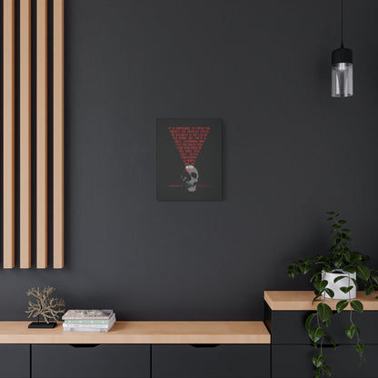 A modern black wall features "The Present Day As the Last Day of Our Life" Orthodox canvas art—skull with red cross, symbolizing memento mori—paired with plants, books, and a decorative tree on wooden shelves.