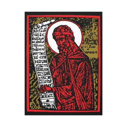 Red, gold, and black high-contrast canvas art depicting St. John of Damascus holding a scroll—Orthodox saint famed for funeral hymns; part of the Icono-Graphic series.