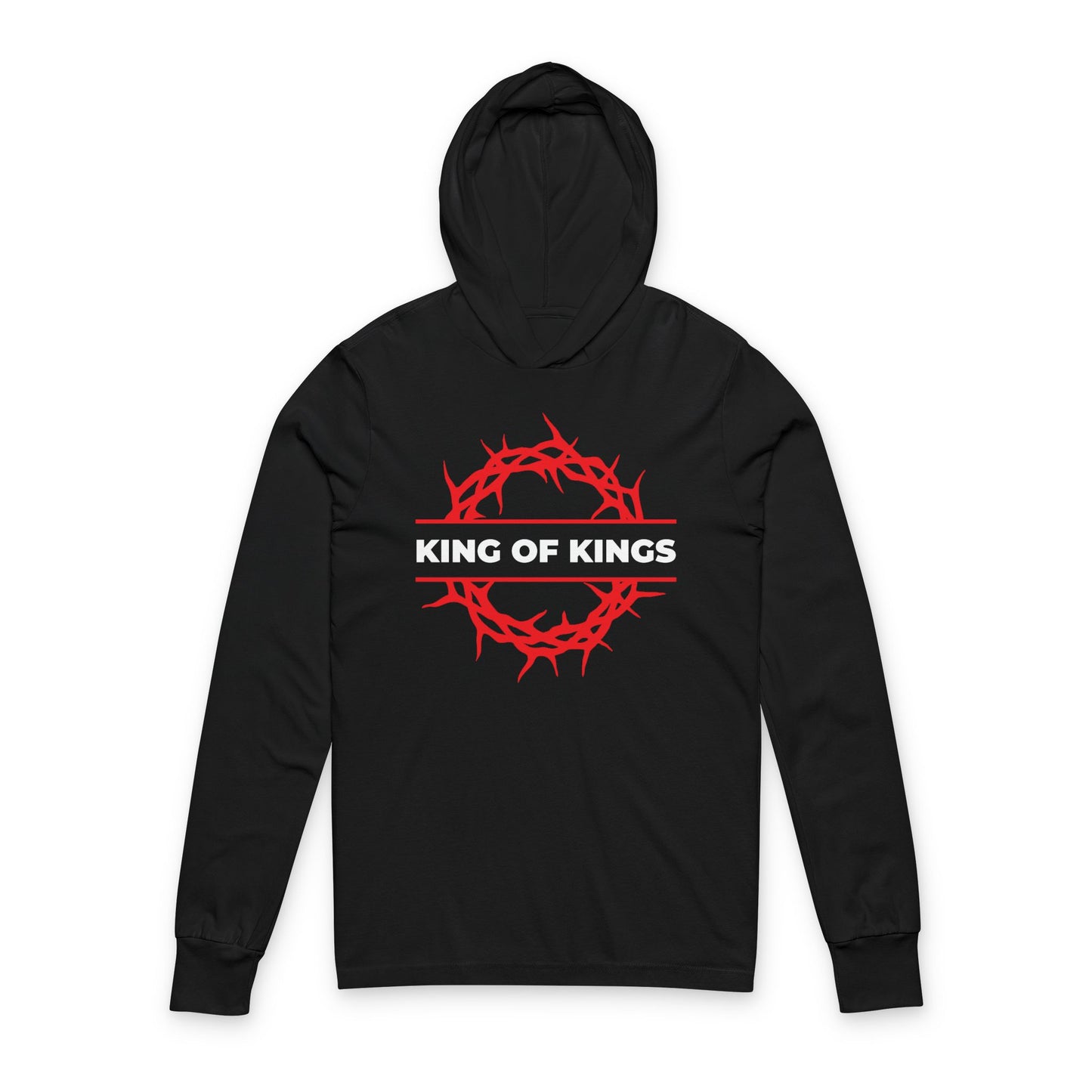 The black "King of Kings Crown of Thorns" Christian cotton hoodie features a red crown of thorns and bold KING OF KINGS text, inspired by Revelation 19:16 declaring Christ is King—the King of Glory.
