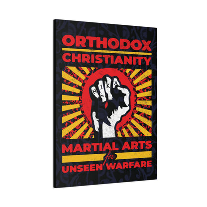 Orthodox Christianity: Martial Arts for Unseen Warfare | NIKA Jesus Fist on Colorful Sunburst Design | Orthodox Christian Canvas Art