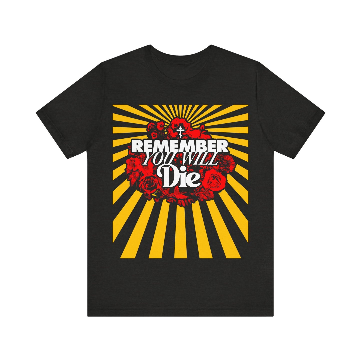 Remember You Will Die Red & Yellow Pop Art Design | Orthodox Cross | Memento Mori | Roses & Rays | Christian Lightweight Cotton Unisex Tee