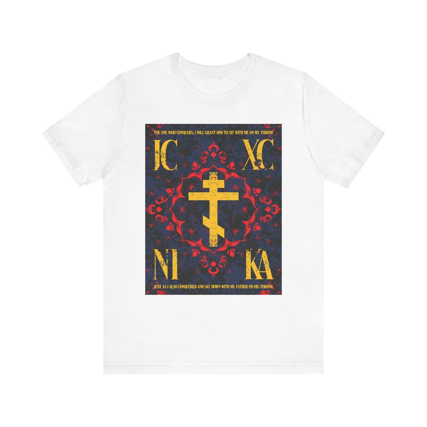 White IC XC NIKA Orthodox Cross T-shirt featuring a medieval floral design in red, blue, and gold, symbolizing salvation and "The One Who Conquers" (Revelation 3:21). Lightweight cotton unisex tee.