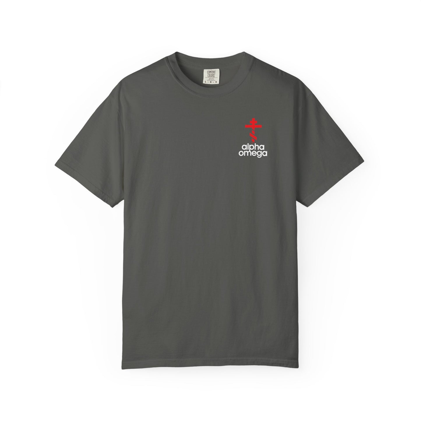 Alpha & Omega Red Orthodox Cross (Small Design) | Minimalist Adidas Inspired Logo Mashup | Christian Heavyweight Cotton Unisex Tee