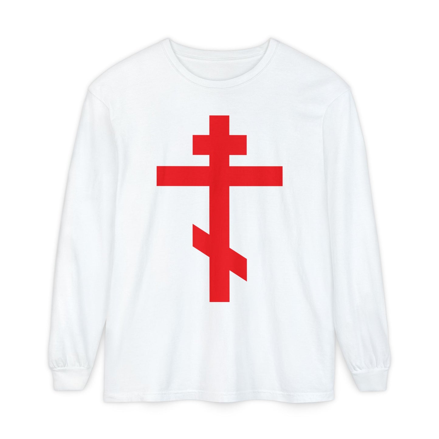 White long-sleeve cotton shirt featuring a bright red Orthodox cross on the front, inspired by the Troparion: "Preserve Thy People By Thy Cross, O Lord." Product Name: Crucified With Christ | Christ is King.