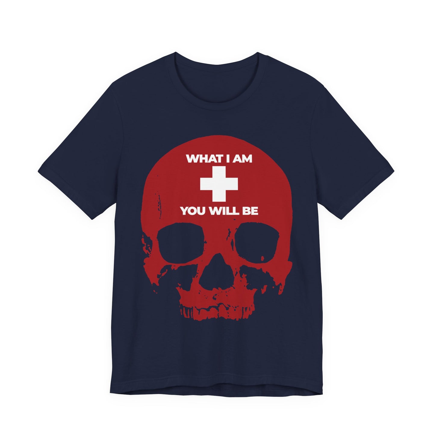 Navy "What I Am You Will Be" unisex tee featuring a red skull, white cross, and the Memento Mori message inspired by Ecclesiastes—Orthodox Christian lightweight cotton T-shirt.
