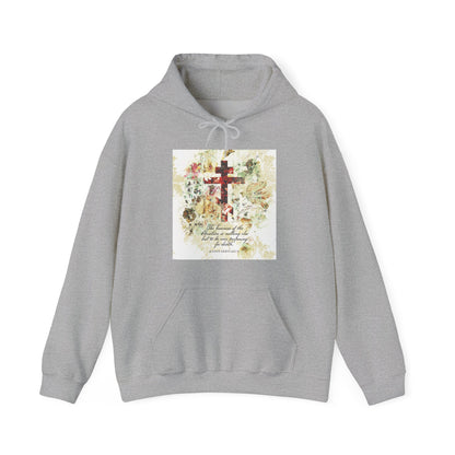Preparing For Death | White & Beige Floral Scrapbook Texture Cross | Arts & Crafts Style | St Irenaeus | Orthodox Christian Hoodie