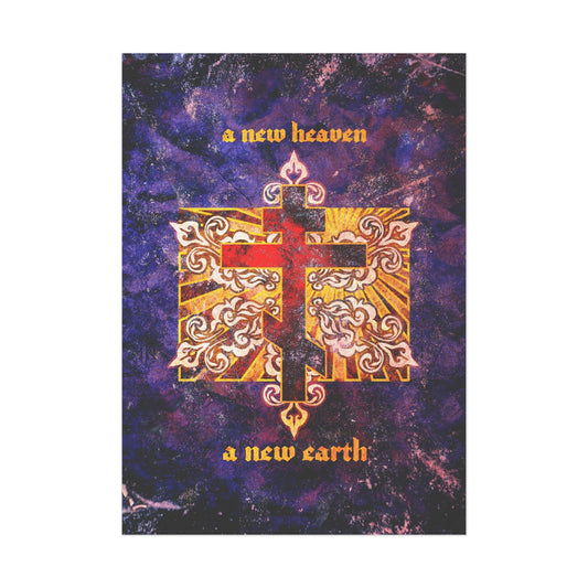 Apocalyptic Orthodox Christian art poster: “A New Heaven/A New Earth” features a red Orthodox cross on a textured ornate background, referencing the holy city New Jerusalem—design inspired by KJV Bible verses.