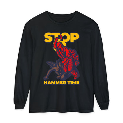 Bold black long-sleeve shirt, "St Marina of Antioch Beating the Devil with a Hammer | Stop, Hammer Time"—modern Orthodox meme in red, blue & yellow, inspired by legendary courage and Christian tales.