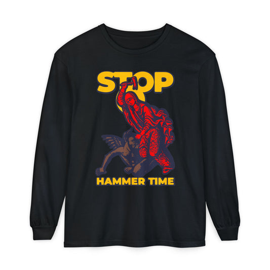Bold black long-sleeve shirt, "St Marina of Antioch Beating the Devil with a Hammer | Stop, Hammer Time"—modern Orthodox meme in red, blue & yellow, inspired by legendary courage and Christian tales.